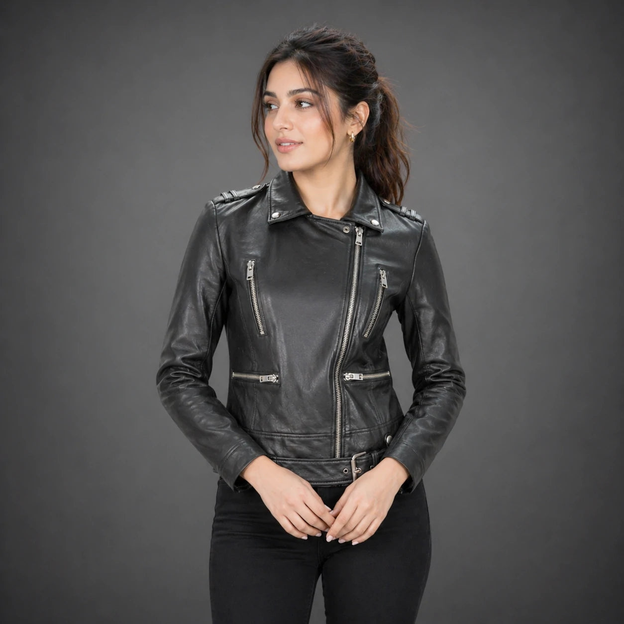 Women black biker leather jacket with zip, epaulets and belt