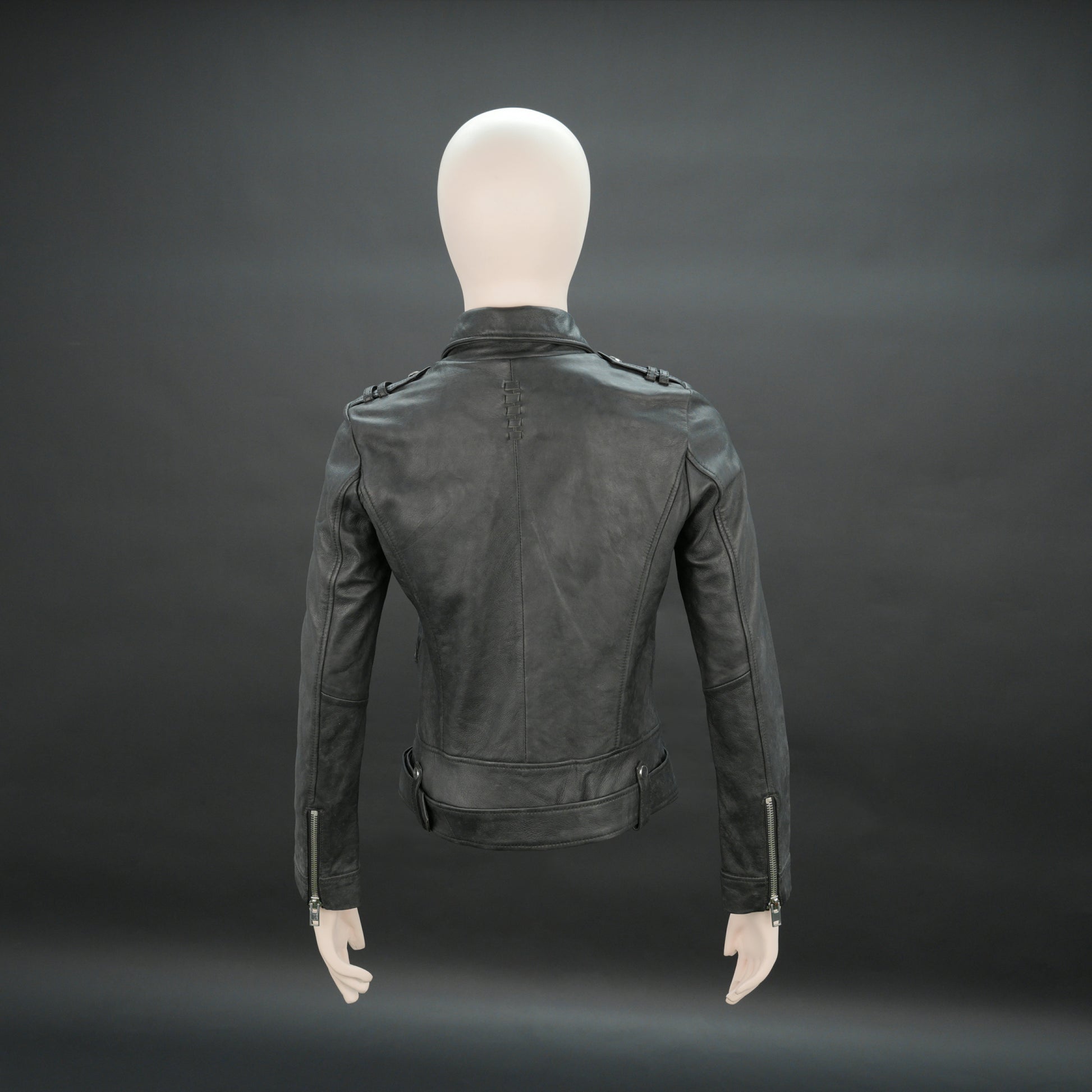 Women black biker leather jacket with zip, epaulets and belt
