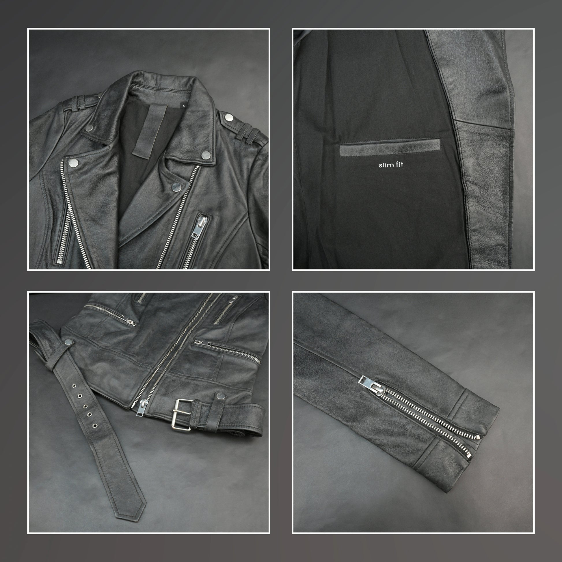 Women black biker leather jacket with zip, epaulets and belt