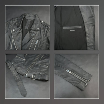 Women black biker leather jacket with zip, epaulets and belt