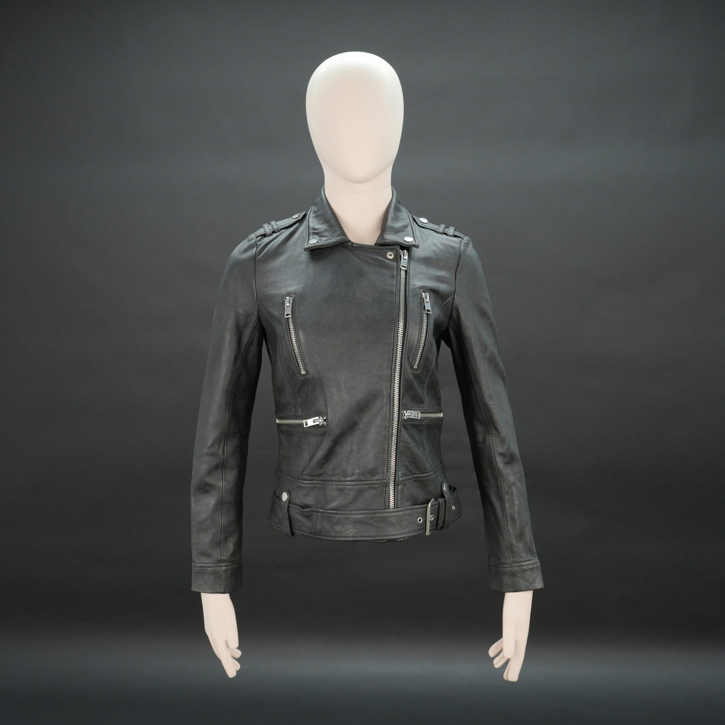 Women black biker leather jacket with zip, epaulets and belt