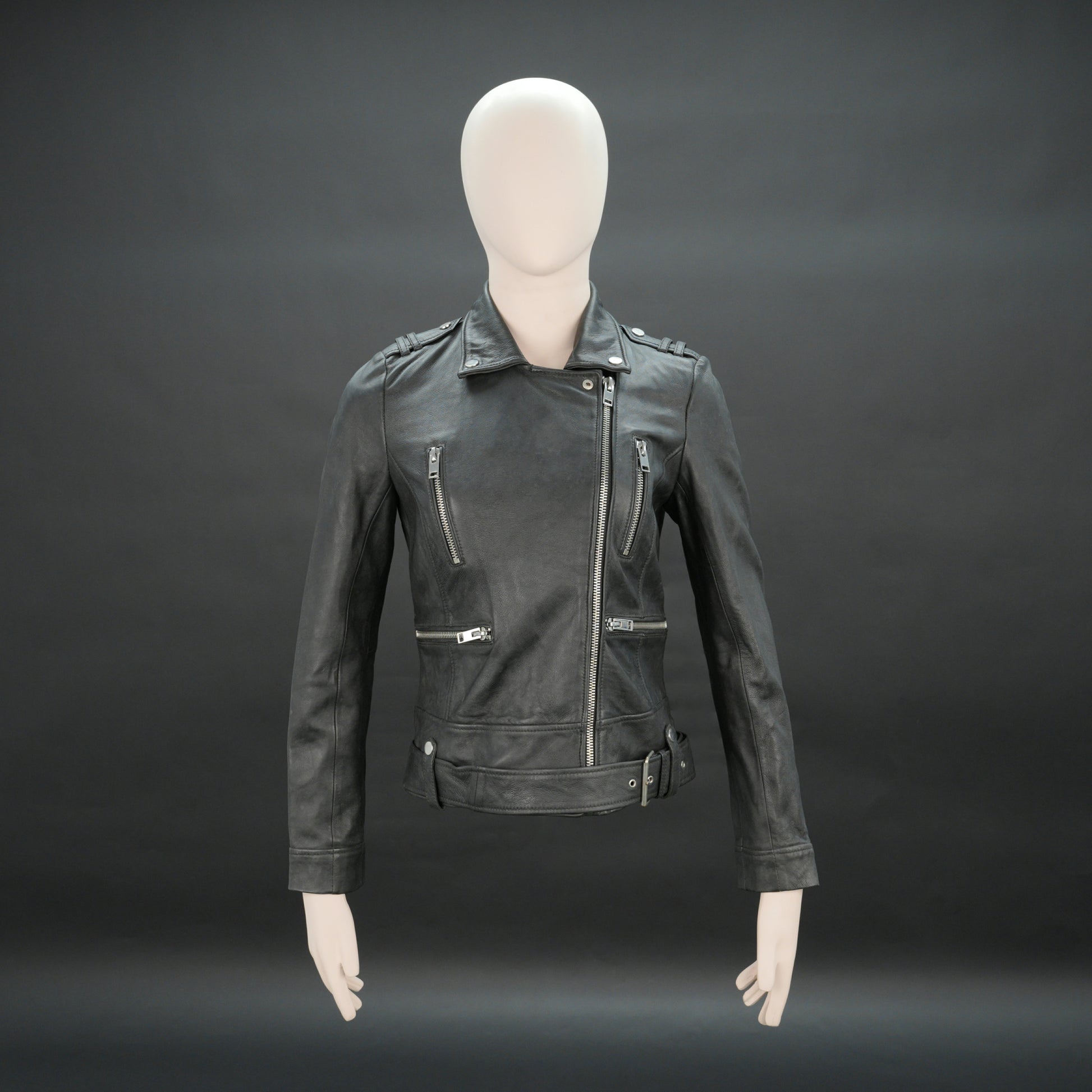 Women black biker leather jacket with zip, epaulets and belt