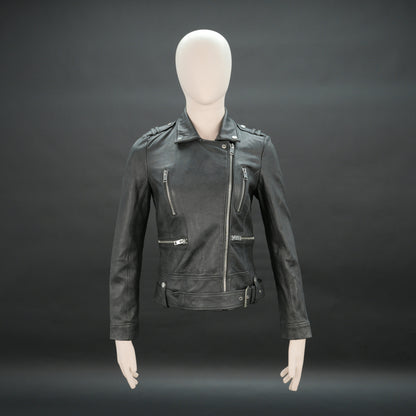 Women black biker leather jacket with zip, epaulets and belt