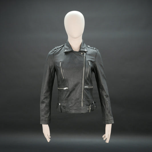 Women black biker leather jacket with zip, epaulets and belt