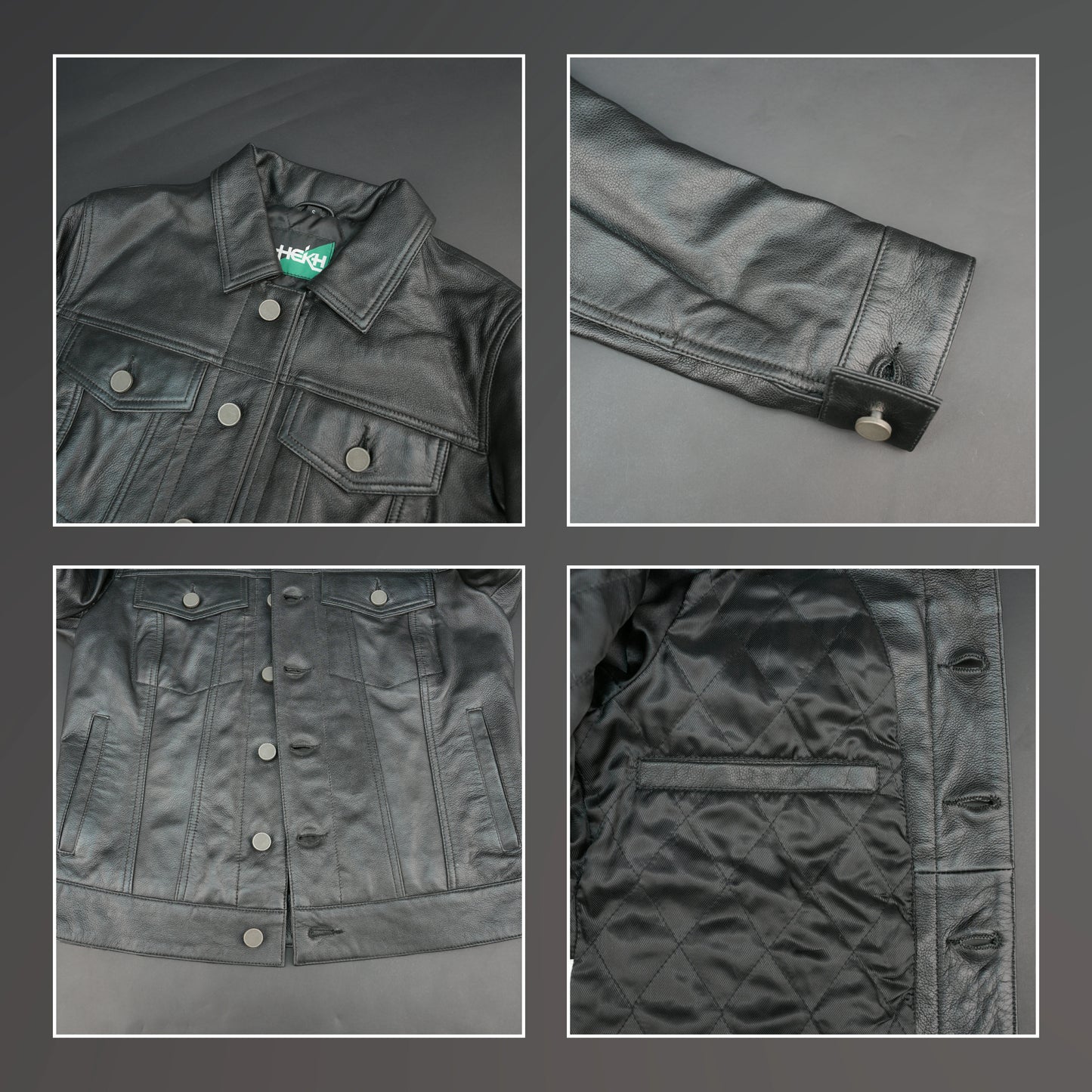 Black cropped leather jacket with shirt collar, flap pockets, and slim fit design.