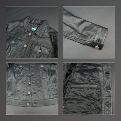 Black cropped leather jacket with shirt collar, flap pockets, and slim fit design.
