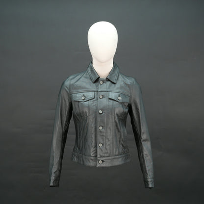 Black cropped leather jacket with shirt collar, flap pockets, and slim fit design.