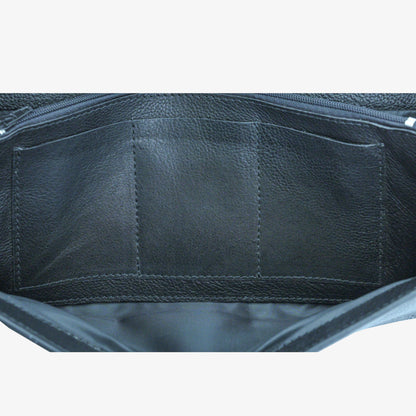 Black leather clutch with three main compartments, one zip pocket, and three card pockets for organized storage