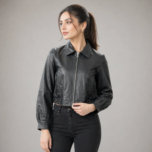 Women black cropped leather jacket with ribbed hem and side pockets