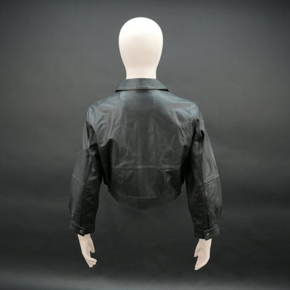 Women black cropped leather jacket with ribbed hem and side pockets
