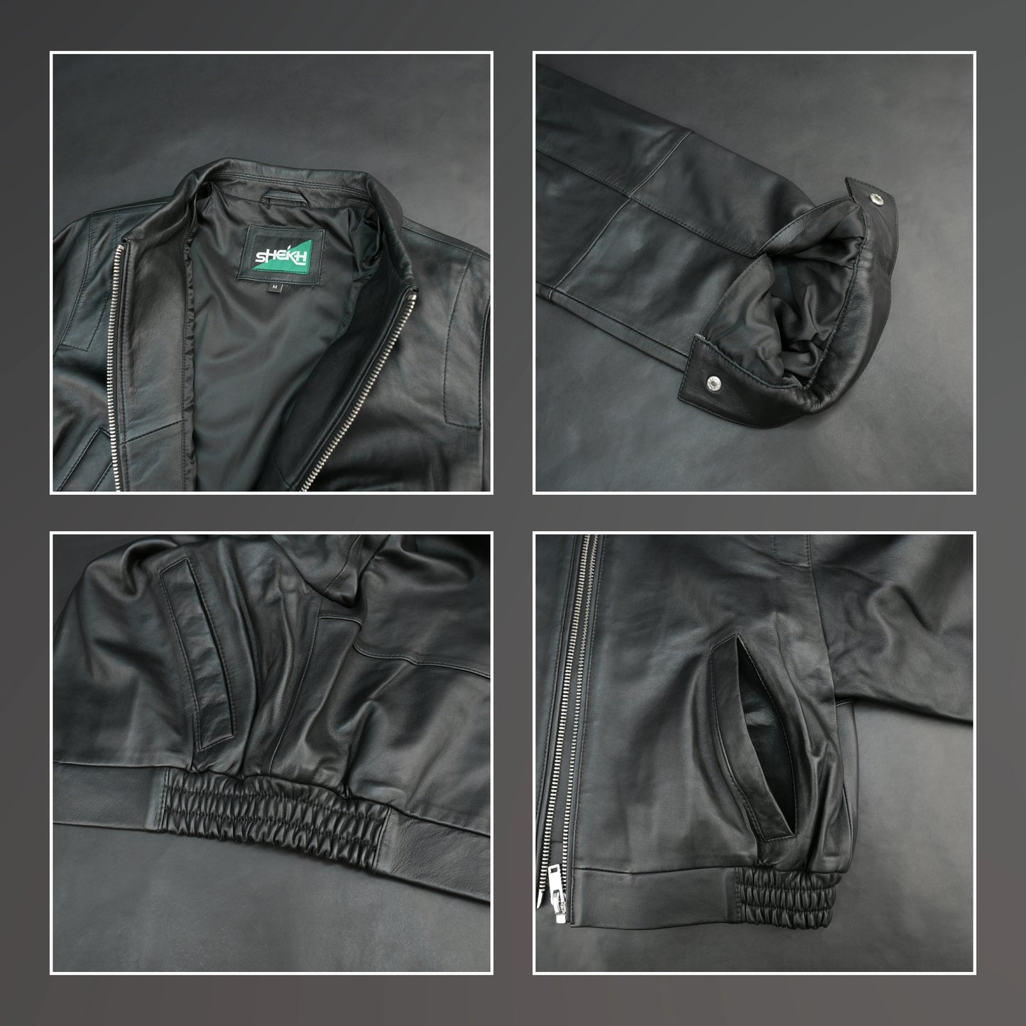 Women black cropped leather jacket with ribbed hem and side pockets