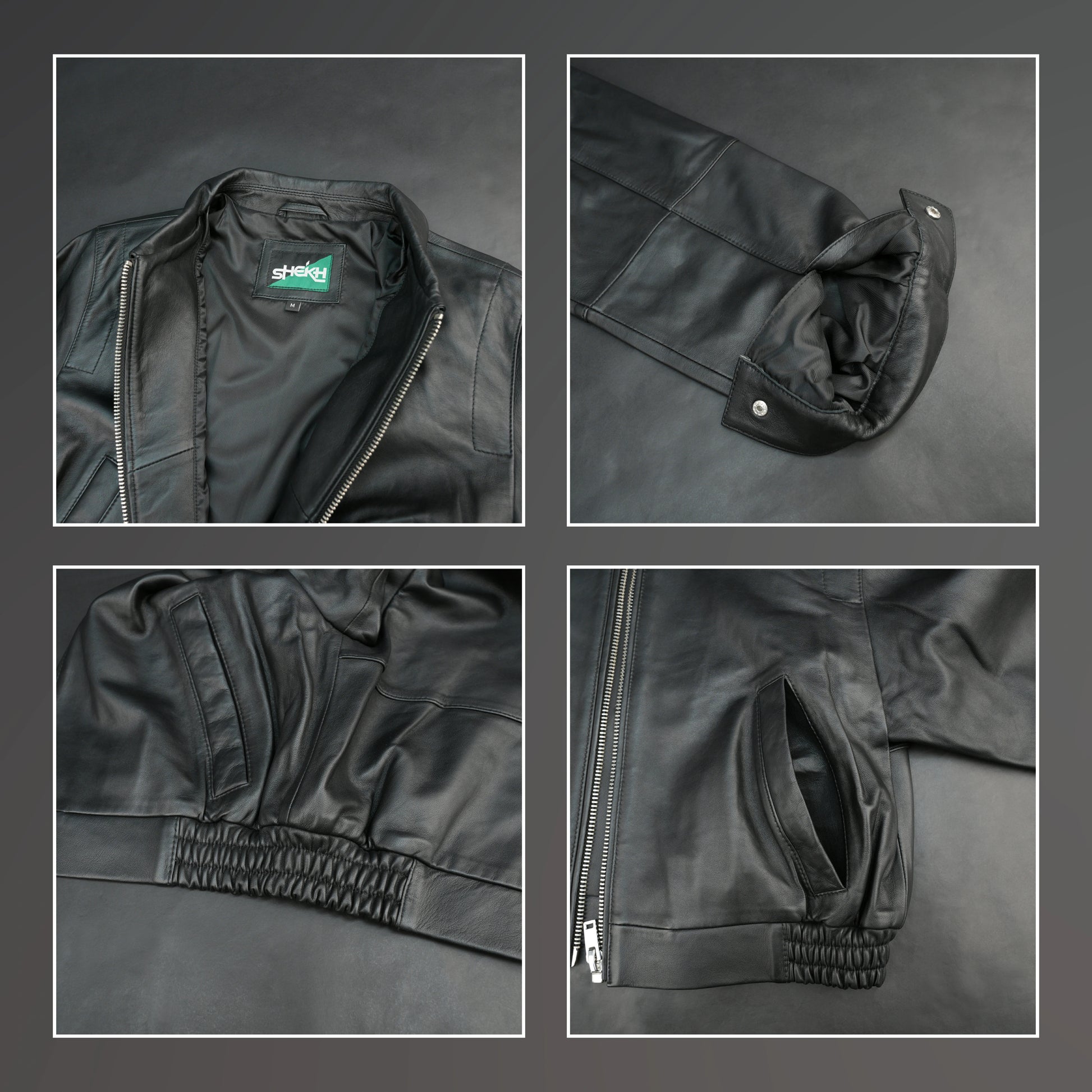 Women black cropped leather jacket with ribbed hem and side pockets