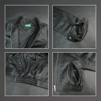 Women black cropped leather jacket with ribbed hem and side pockets