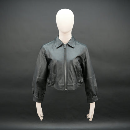 Women black cropped leather jacket with ribbed hem and side pockets