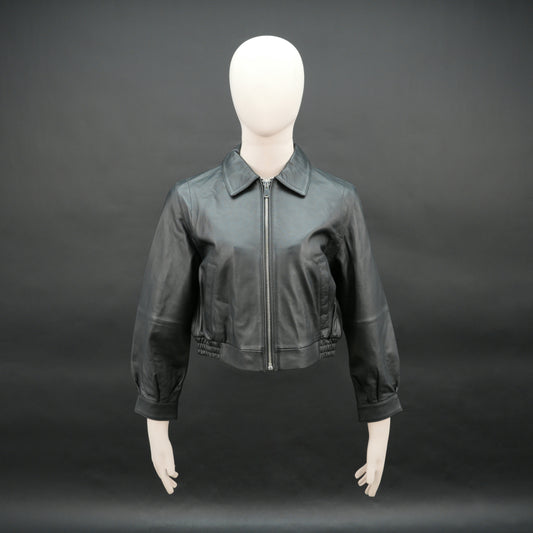 Women black cropped leather jacket with ribbed hem and side pockets
