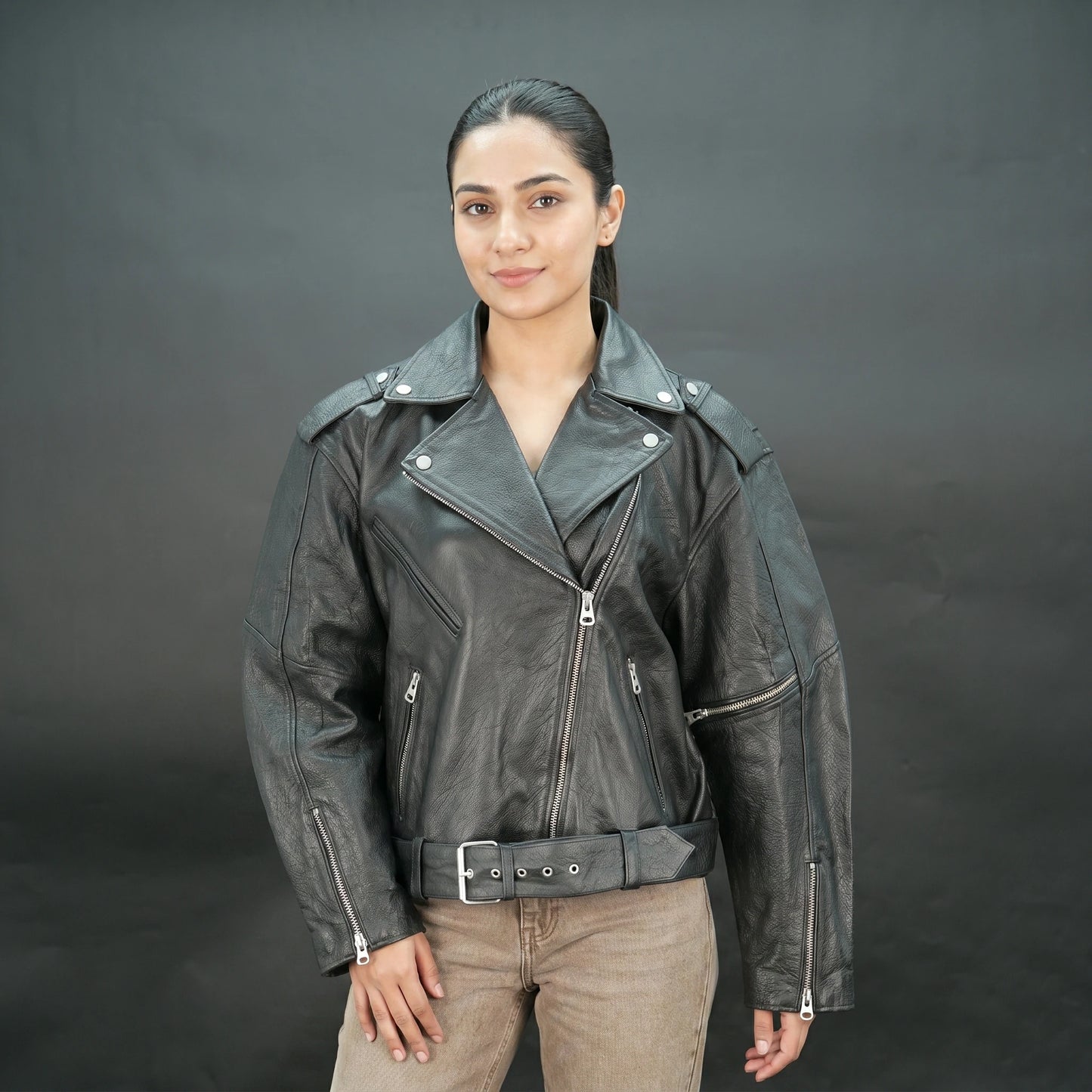 Women's Black Genuine Leather Biker Jacket - Asymmetric Zip Moto Jacket with Belt #Desiderio #LeatherJacket #BikerJacket #WomensFashion #MotoJacket