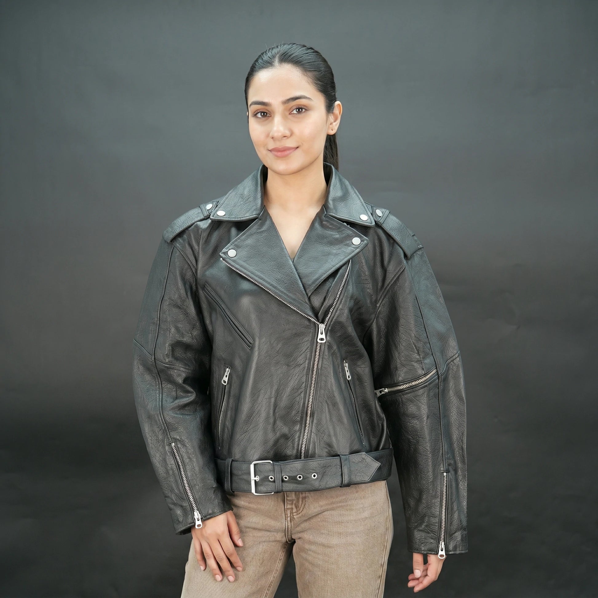 Women's Black Genuine Leather Biker Jacket - Asymmetric Zip Moto Jacket with Belt #Desiderio #LeatherJacket #BikerJacket #WomensFashion #MotoJacket