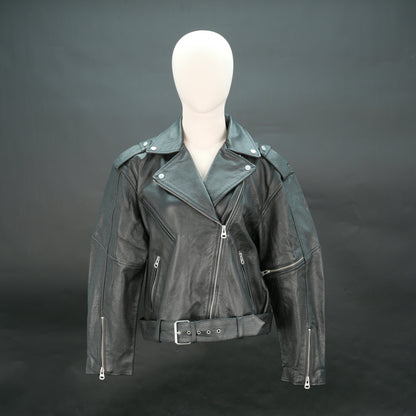 Women's Black Genuine Leather Biker Jacket - Asymmetric Zip Moto Jacket with Belt #Desiderio #LeatherJacket #BikerJacket #WomensFashion #MotoJacket