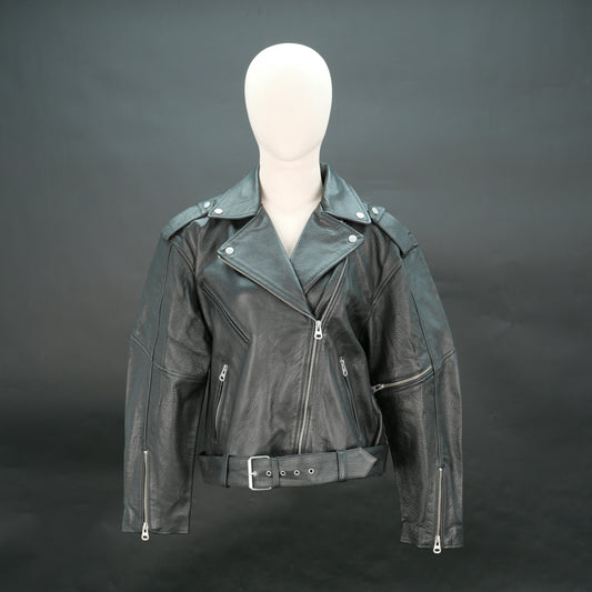 Women's Black Genuine Leather Biker Jacket - Asymmetric Zip Moto Jacket with Belt #Desiderio #LeatherJacket #BikerJacket #WomensFashion #MotoJacket
