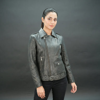 Black leather moto jacket with asymmetric zip and slim fit.