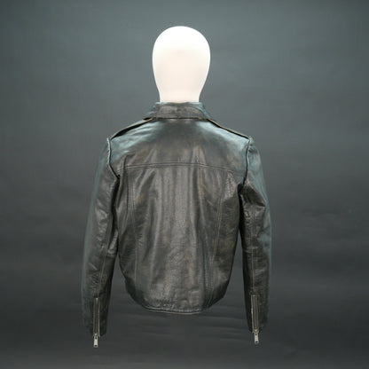 Black leather moto jacket with asymmetric zip and slim fit.
