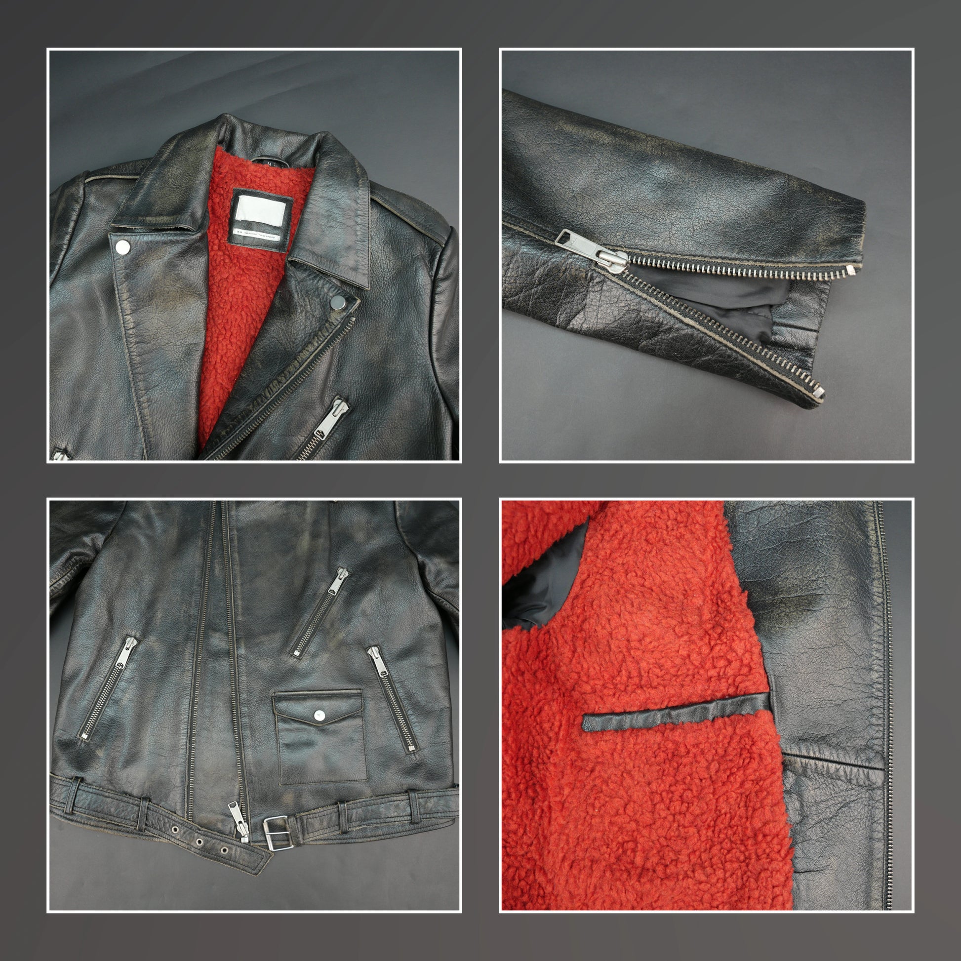Black leather moto jacket with asymmetric zip and slim fit.
