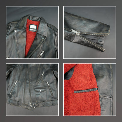 Black leather moto jacket with asymmetric zip and slim fit.