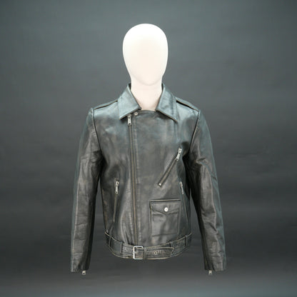 Black leather moto jacket with asymmetric zip and slim fit.