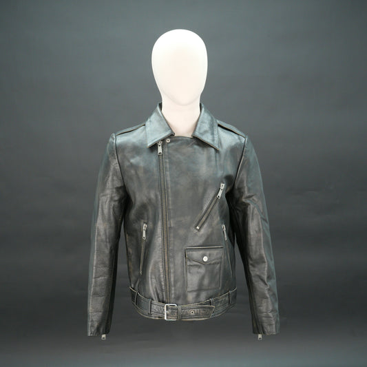 Black leather moto jacket with asymmetric zip and slim fit.