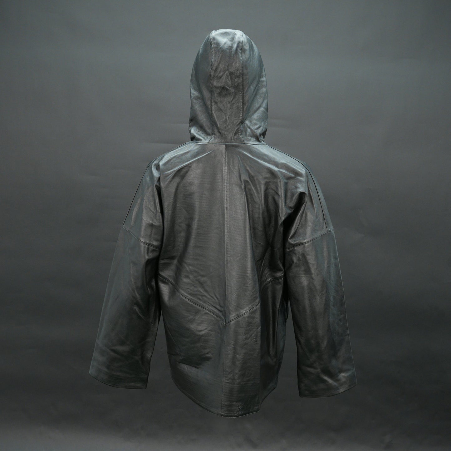 Men black leather hooded biker jacket with front zip and drawstring hood