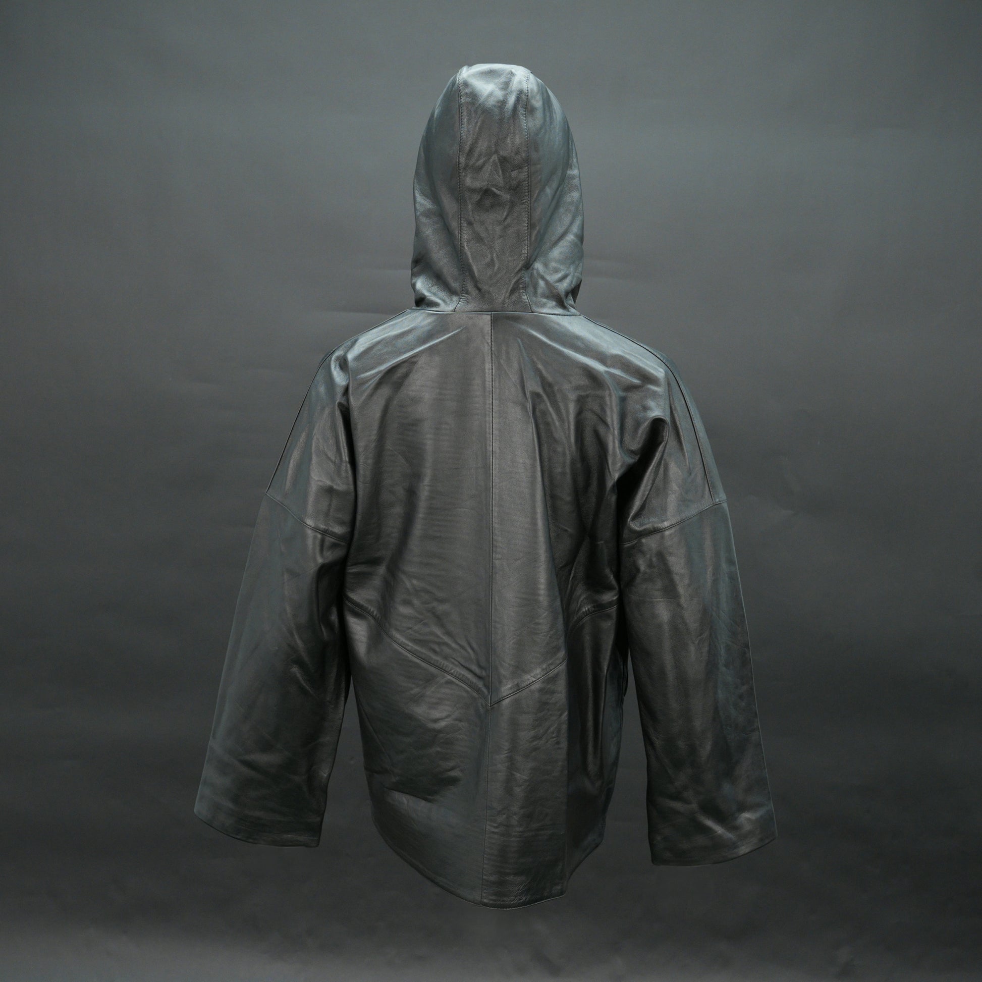 Men black leather hooded biker jacket with front zip and drawstring hood