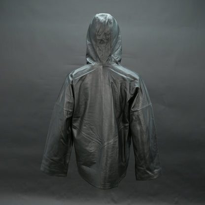Men black leather hooded biker jacket with front zip and drawstring hood