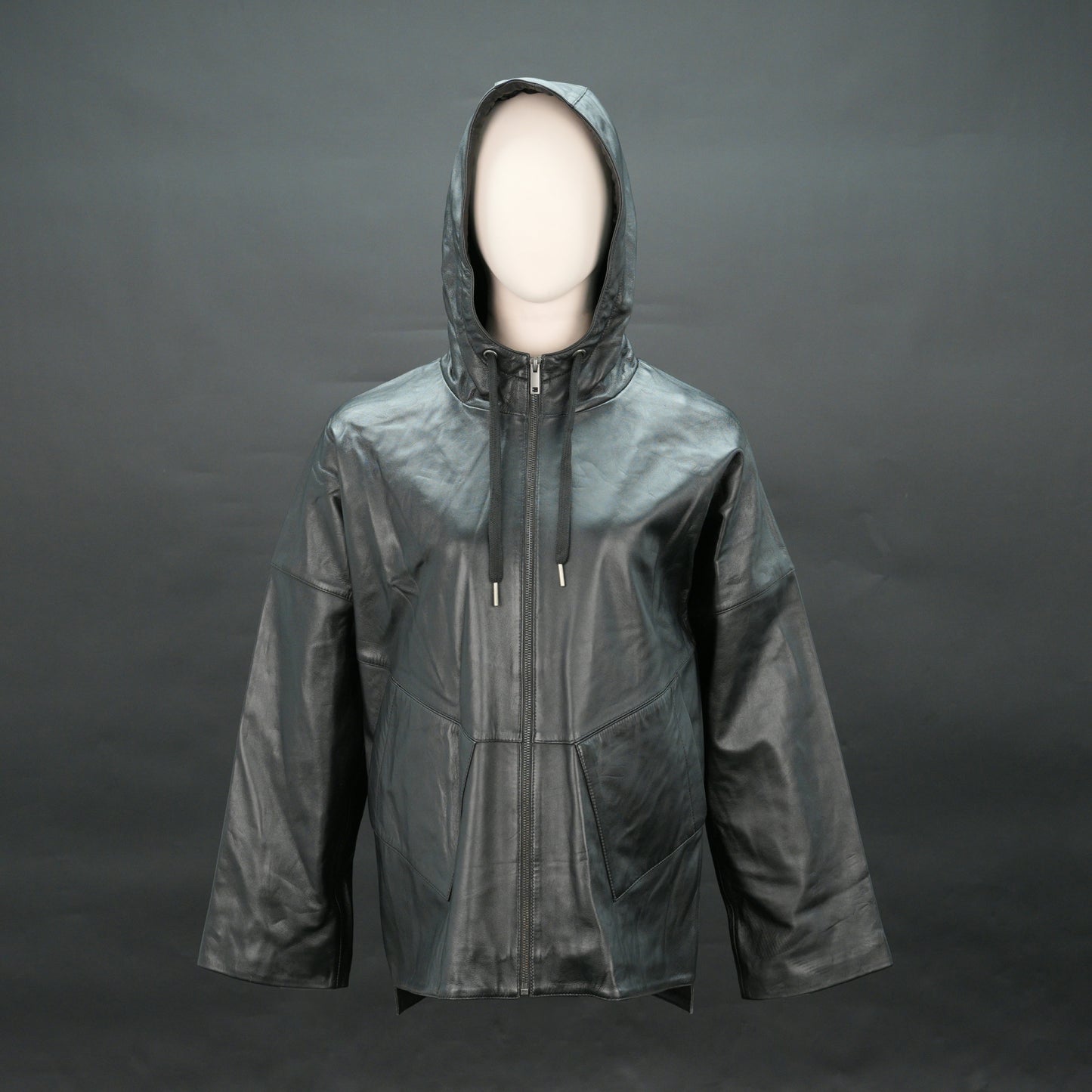 Men black leather hooded biker jacket with front zip and drawstring hood