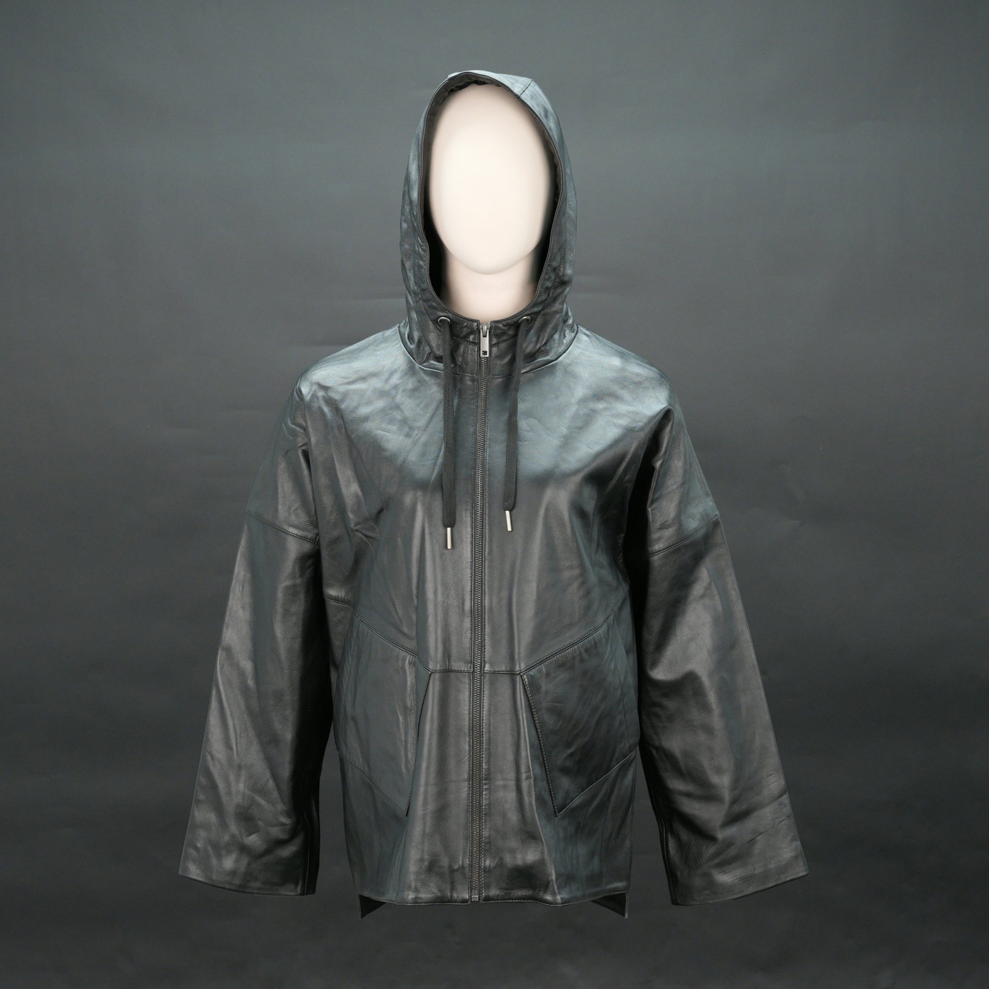 Men black leather hooded biker jacket with front zip and drawstring hood