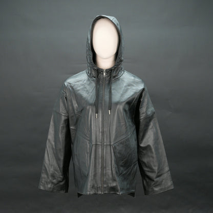 Men black leather hooded biker jacket with front zip and drawstring hood