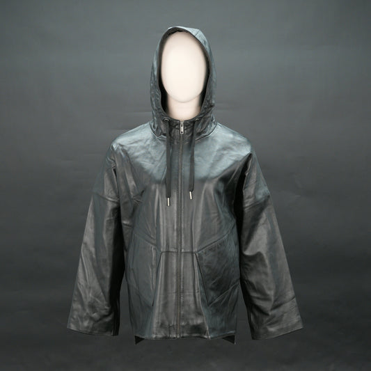 Men black leather hooded biker jacket with front zip and drawstring hood