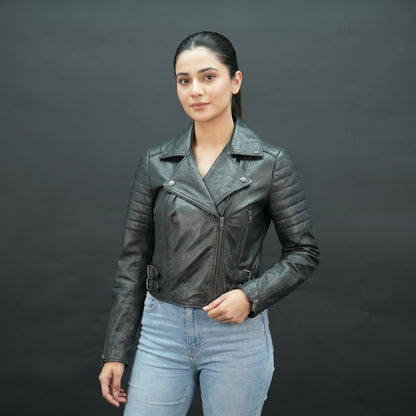 Black leather biker jacket with lapel collar and asymmetrical zip.