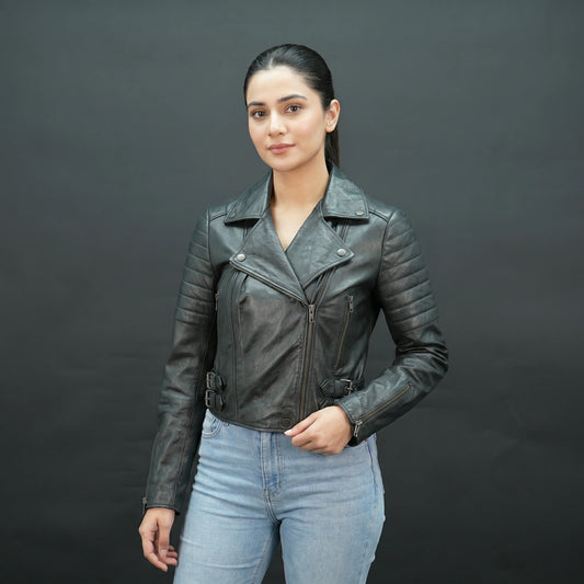 Black leather biker jacket with lapel collar and asymmetrical zip.