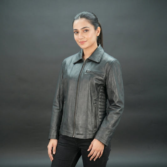Black leather biker jacket with quilted design, slim fit, and zip closure.