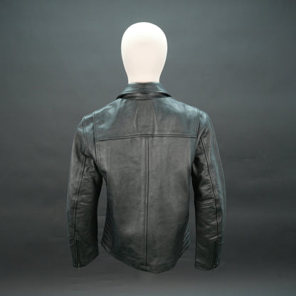 Black leather biker jacket with quilted design, slim fit, and zip closure.