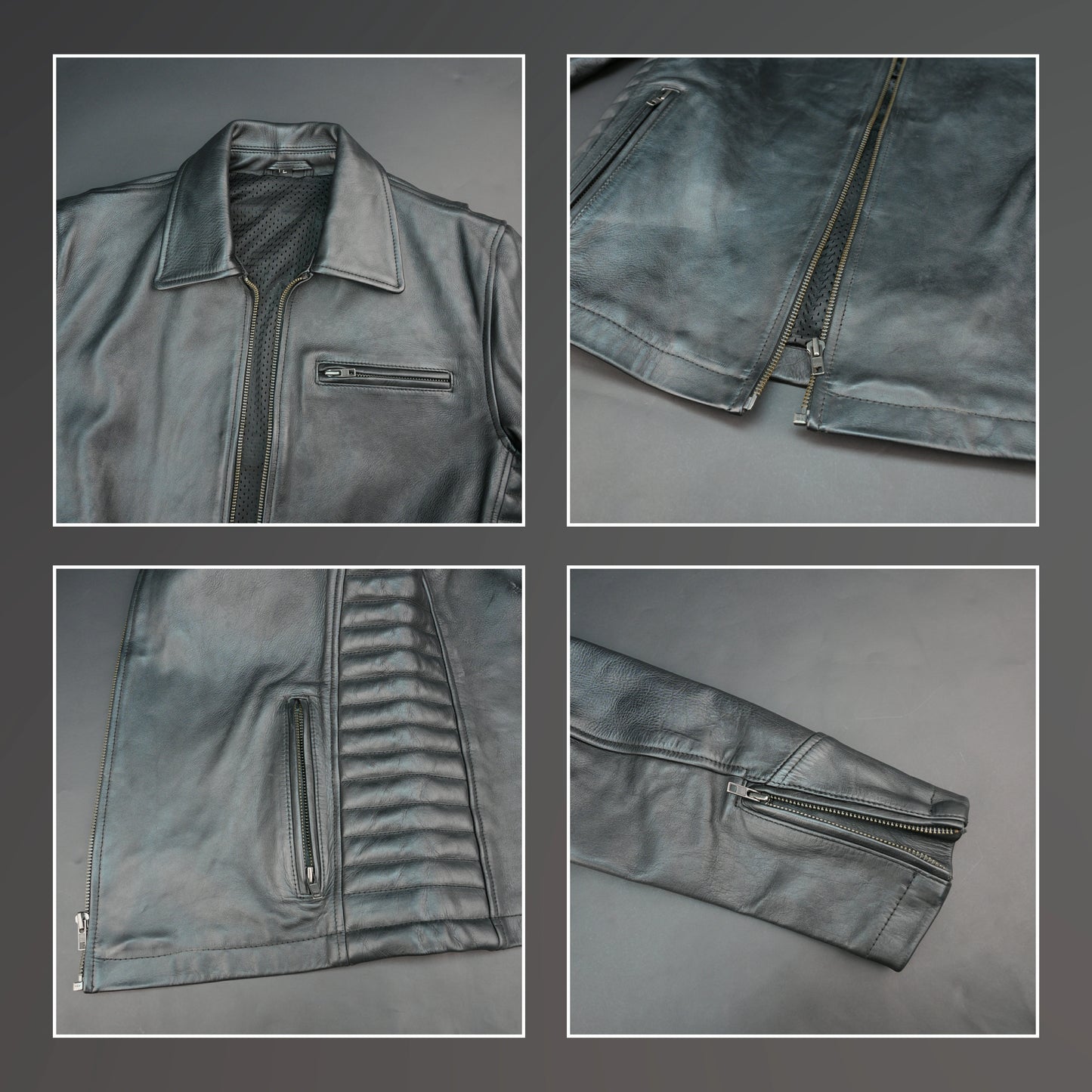 Black leather biker jacket with quilted design, slim fit, and zip closure.