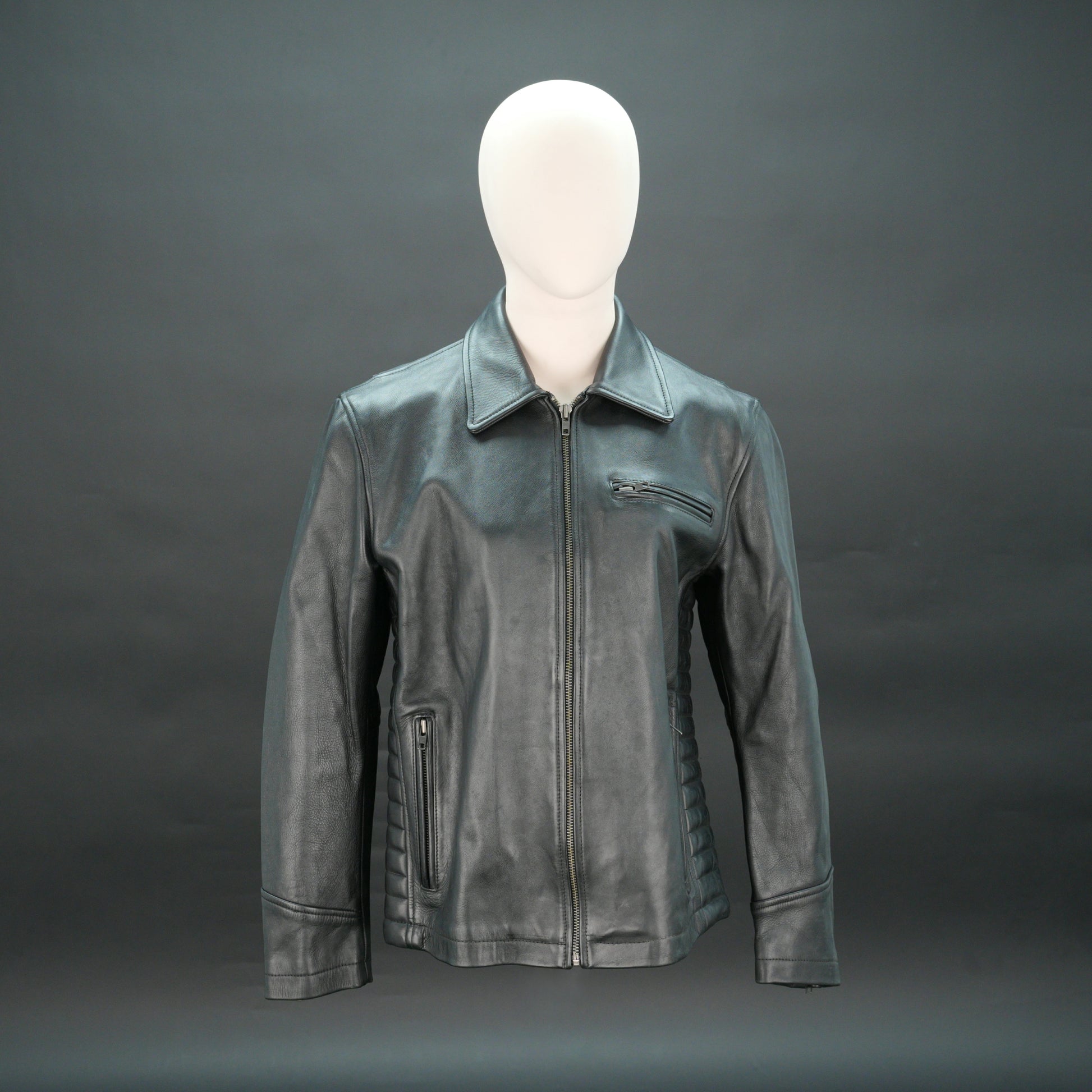 Black leather biker jacket with quilted design, slim fit, and zip closure.