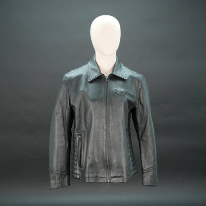 Black leather biker jacket with quilted design, slim fit, and zip closure.