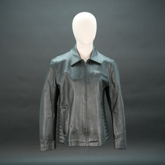 Black leather biker jacket with quilted design, slim fit, and zip closure.