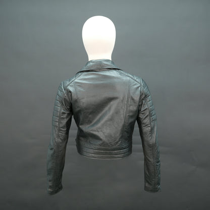 Black leather biker jacket with lapel collar and asymmetrical zip.