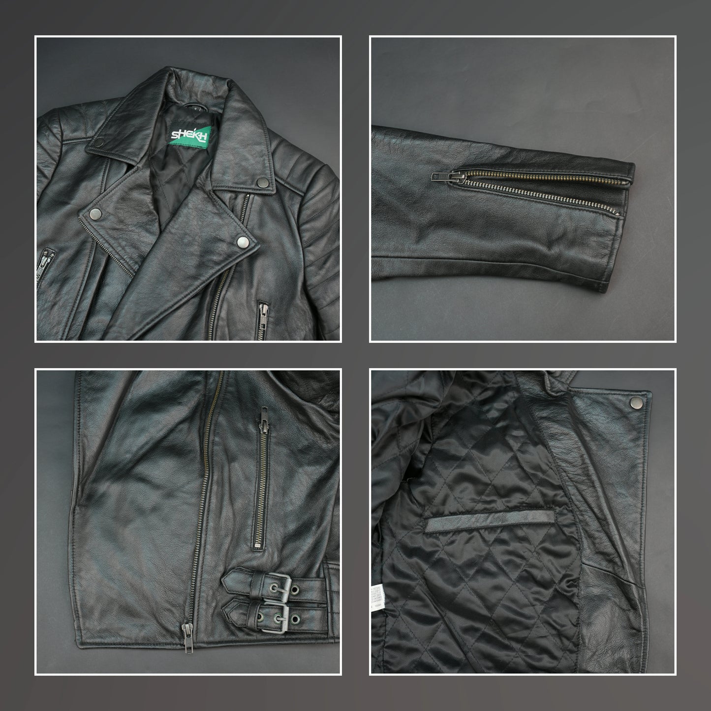 Black leather biker jacket with lapel collar and asymmetrical zip.