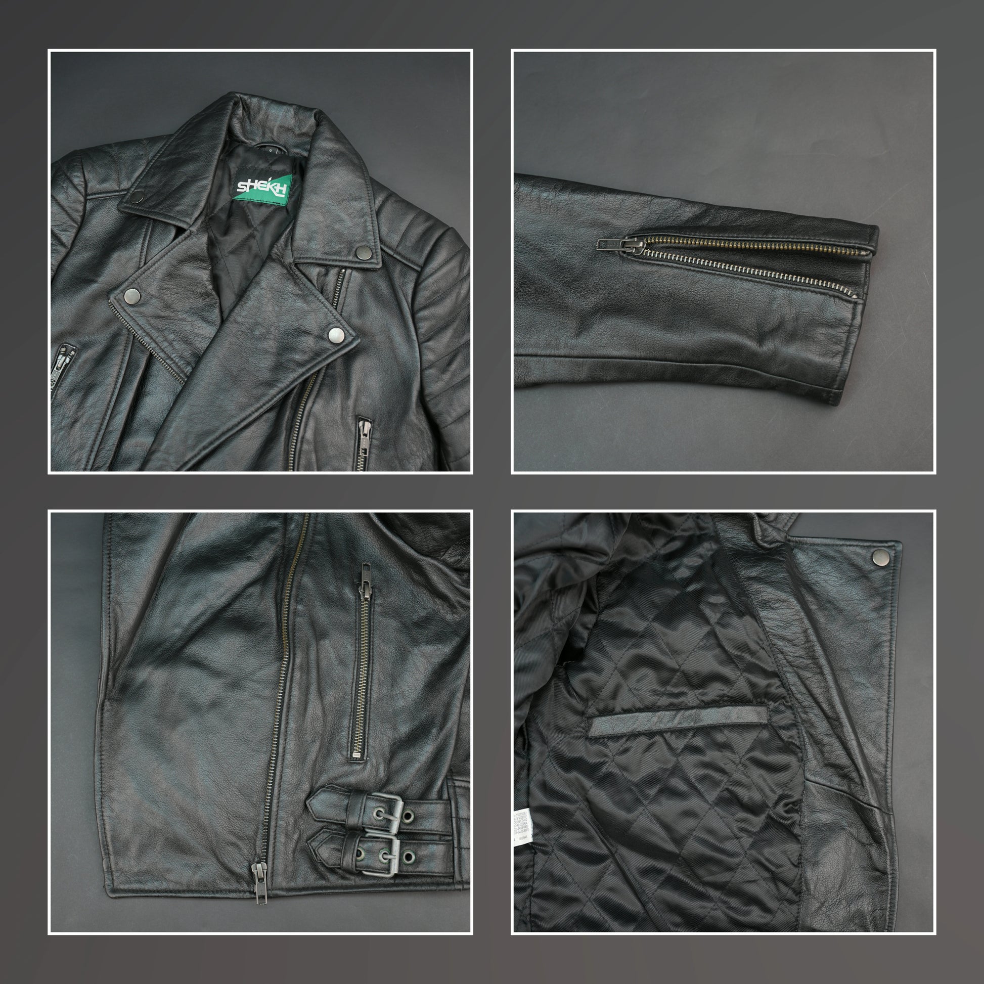 Black leather biker jacket with lapel collar and asymmetrical zip.