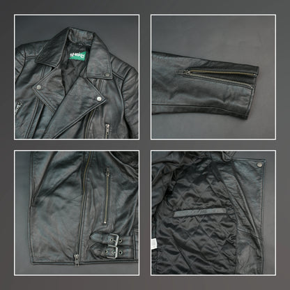 Black leather biker jacket with lapel collar and asymmetrical zip.