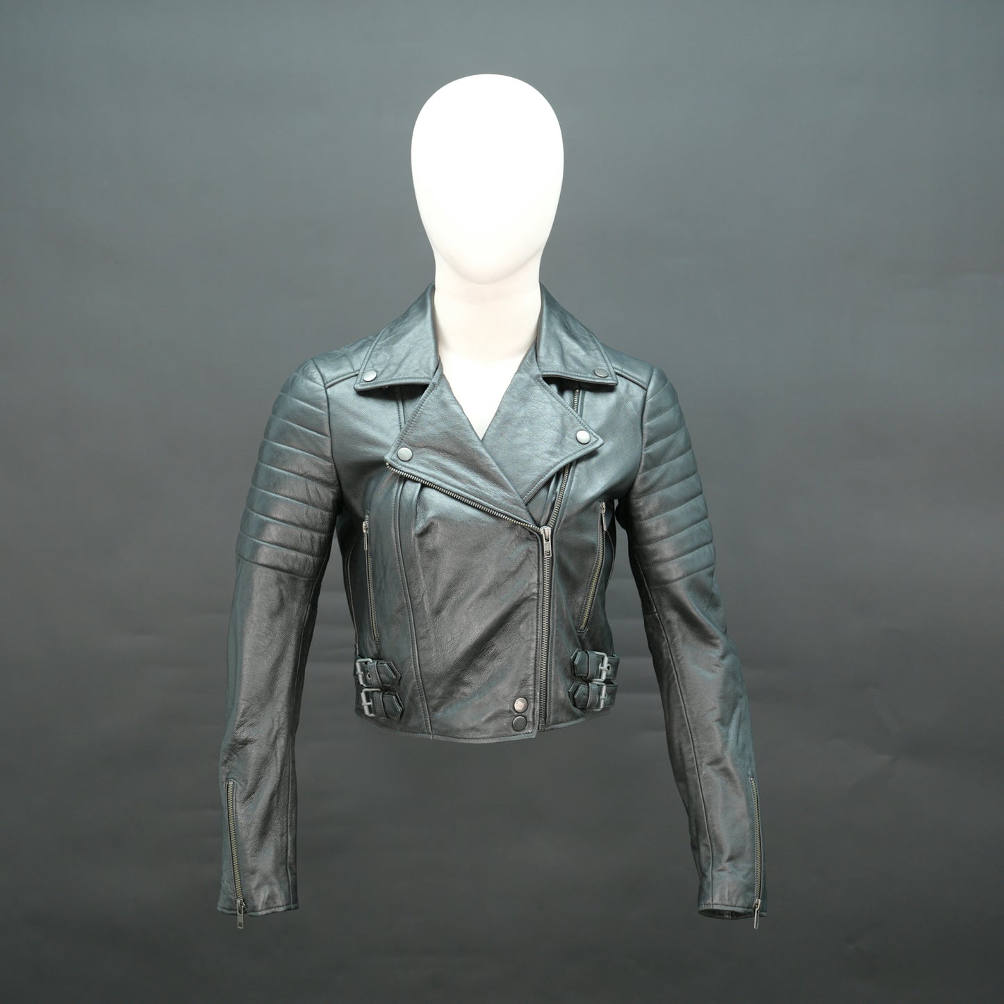 Black leather biker jacket with lapel collar and asymmetrical zip.