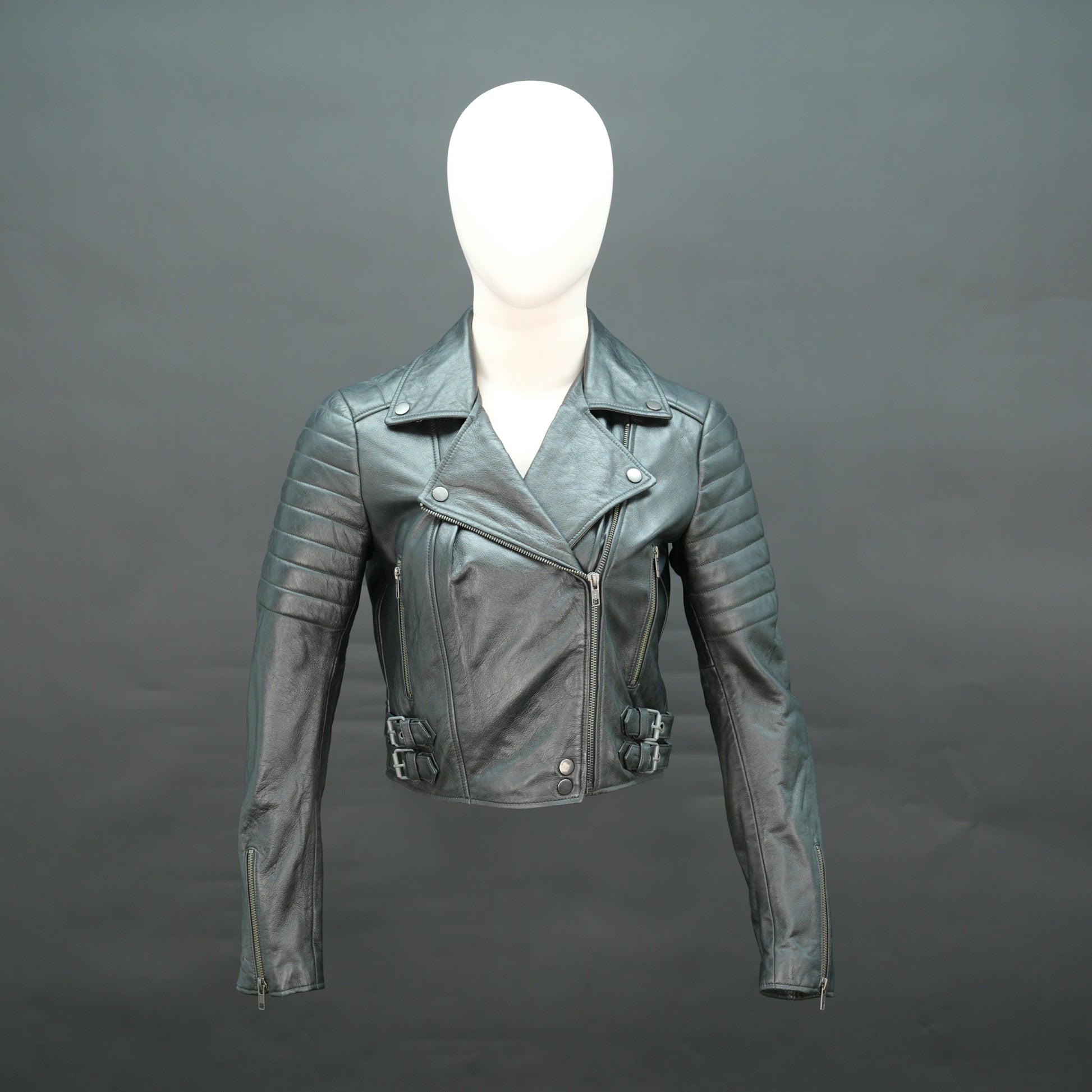Black leather biker jacket with lapel collar and asymmetrical zip.